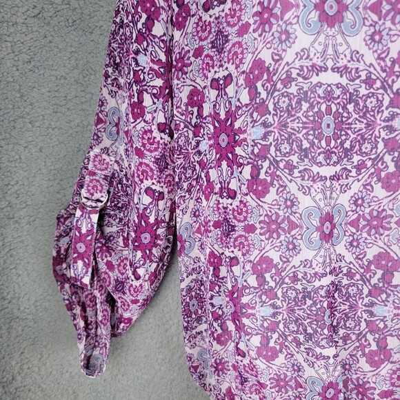 Fever Womens Blouse Top  Large Elastic Smocked Waist Tab Sleeves Sheer Floral - Picture 9 of 16